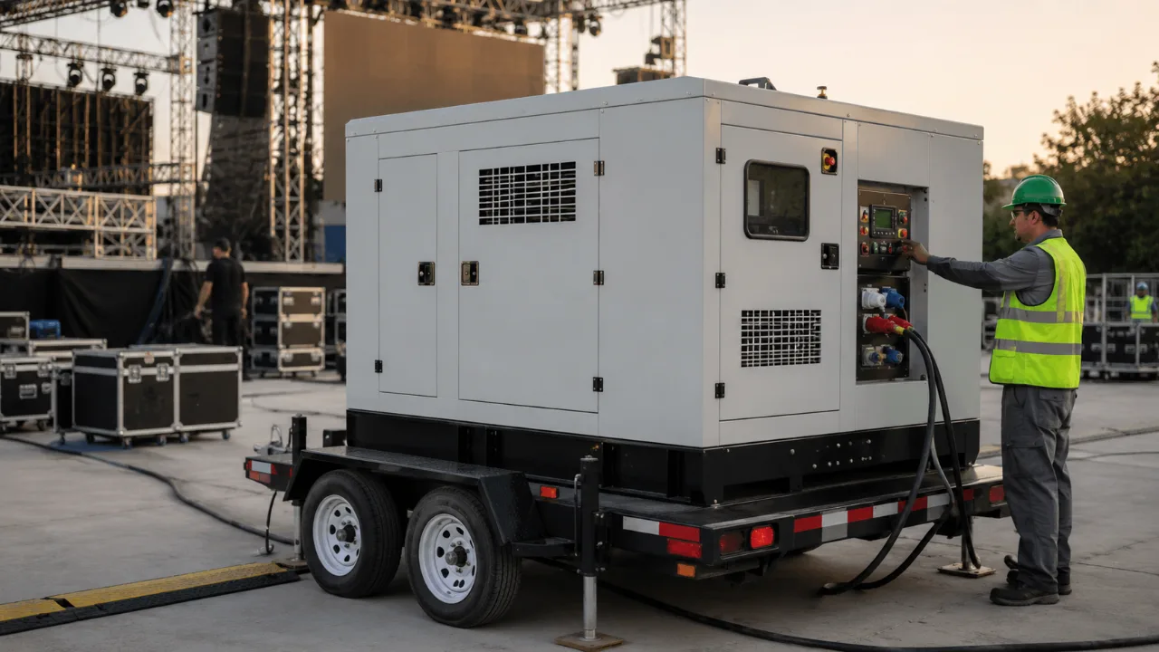 Planta de luz insonorizada sobre remolque conectada en el montaje de un escenario — 50 kVA