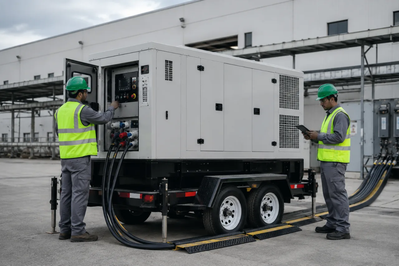 Técnicos operando una planta de luz de respaldo en una instalación industrial — 150 kVA