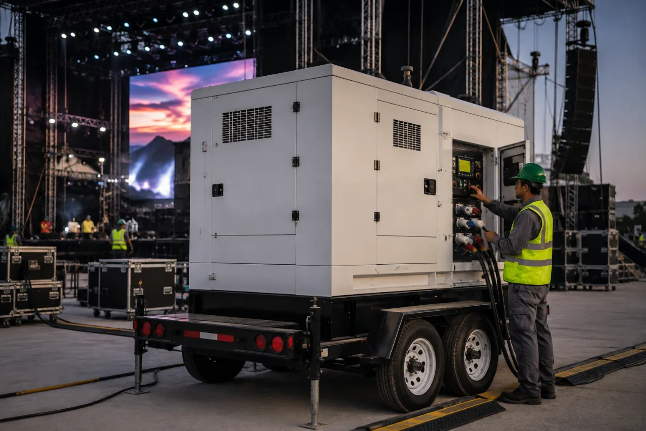 Planta de luz alimentando una producción con pantalla LED y audio profesional — 100 kVA
